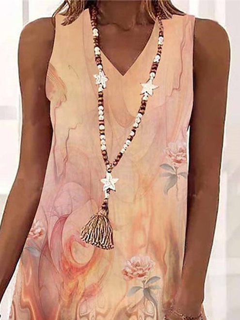 Floral V Neck Casual Loose Dress