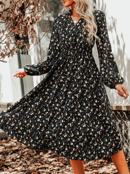 Ditsy Floral Casual Stand Collar Loose Dress