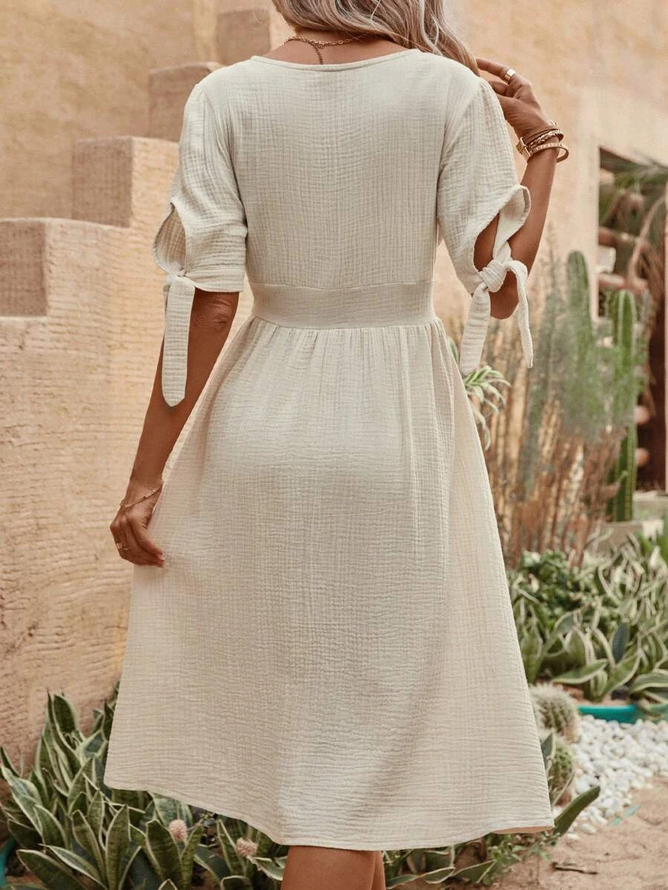 Elegant Plain V Neck Loose Solid Button Front A-line Dress