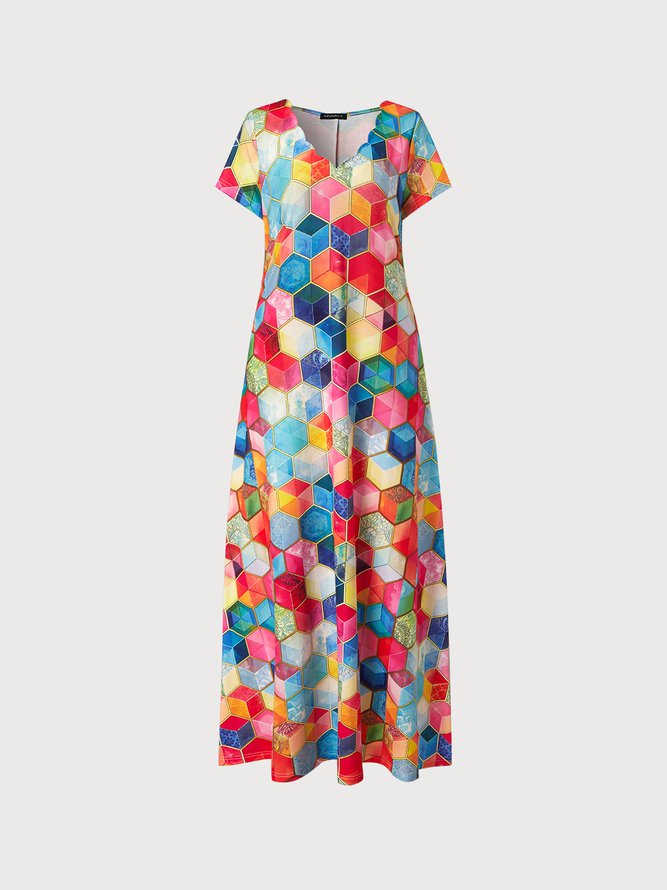 V Neck Geometric colorblock Casual Maxi Dress