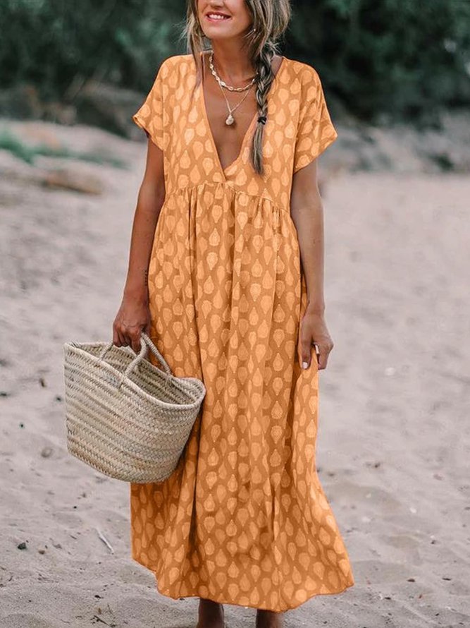 Printed V Neck Shift Casual Floral Maxi Weaving Dress