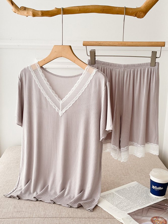 V Neck Lace Casual Homewear Set