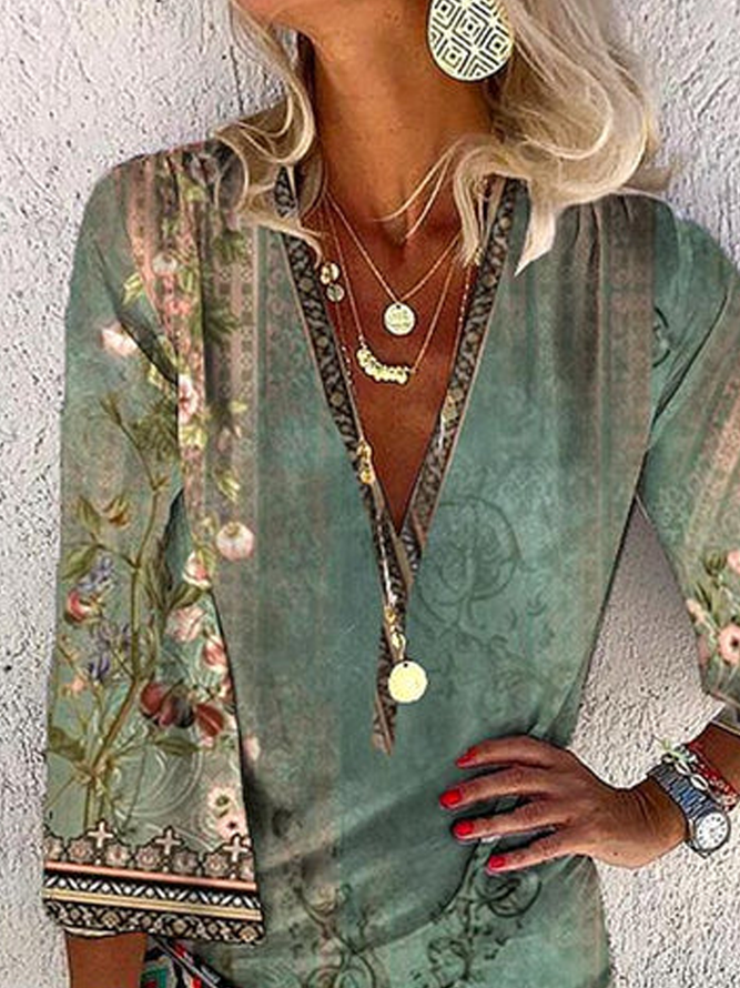Floral Boho V Neck Loose Dress