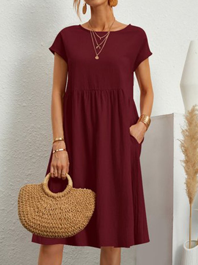 Round Neck Plain Short Sleeve Casual Midi Dress