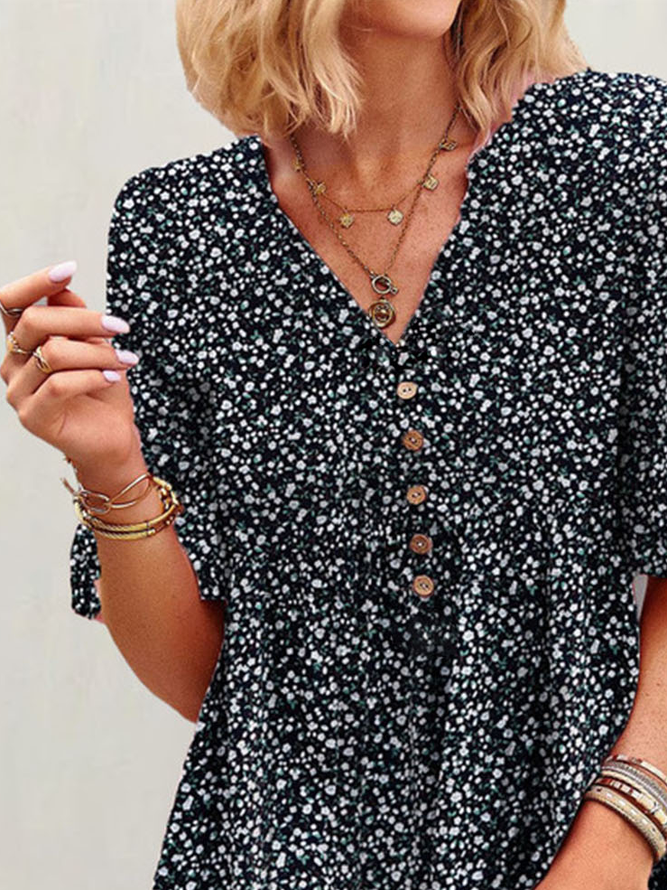 Ditsy Floral Casual V Neck Dress