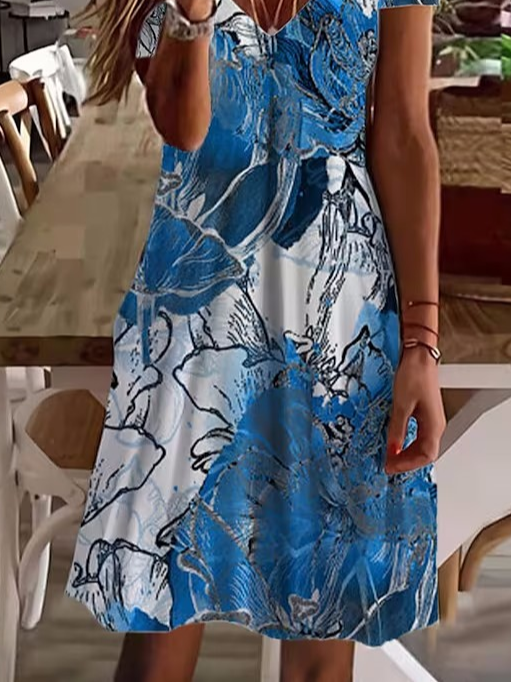 Floral Casual Loose V Neck Dress