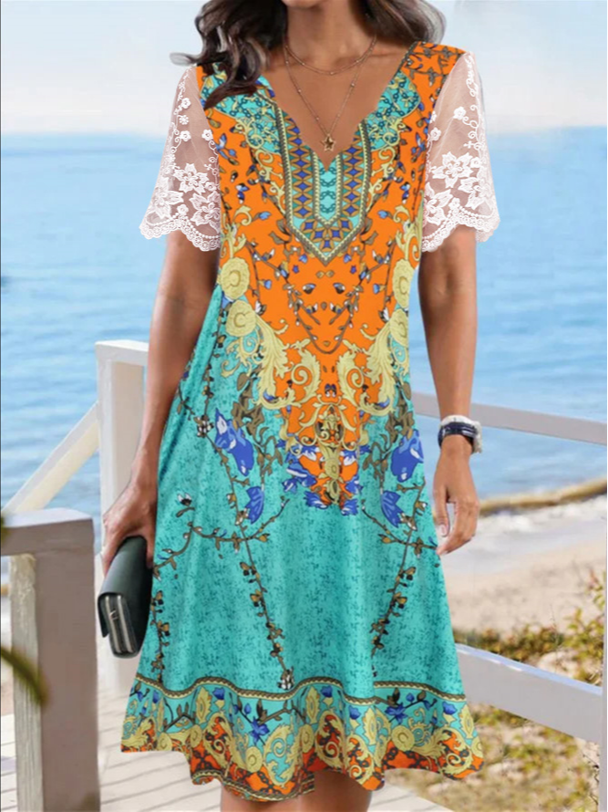 Casual V Neck Lace Dress
