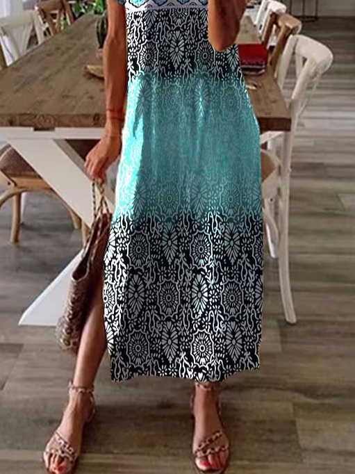 Ombre Crew Neck Casual Loose Dress