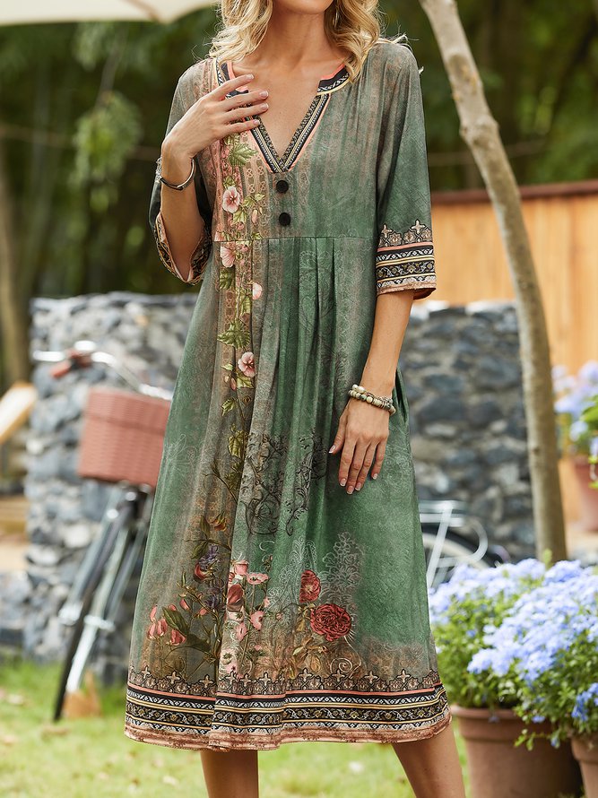 Floral V Neck Casual Jersey Dress