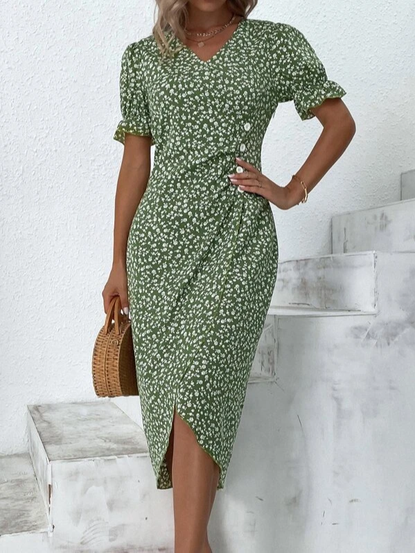 Ditsy Floral Ditsy Flounce Sleeve Wrap Hem Dress