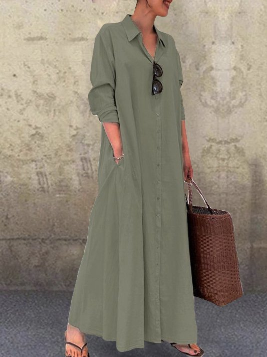 Casual and simple plain long-sleeved shirt collar cotton and linen maxi dress