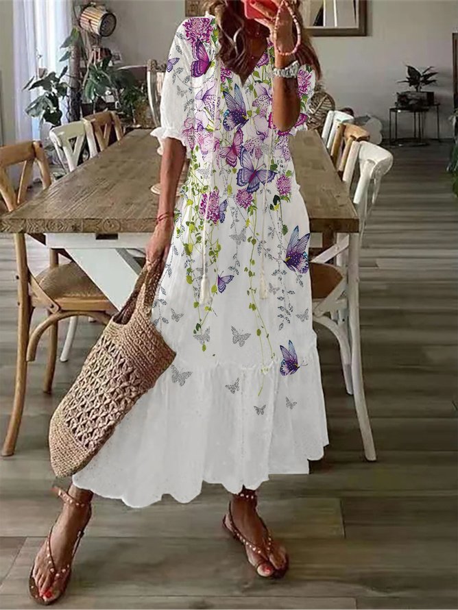 V Neck Boho Floral Butterfly Tiered Dress