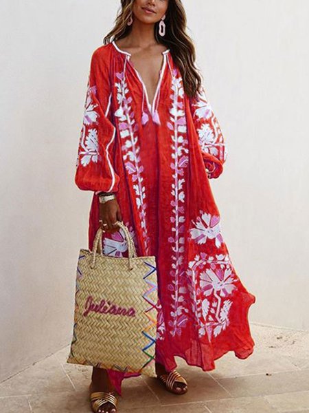 Balloon Sleeves Boho Printed Maxi Dress