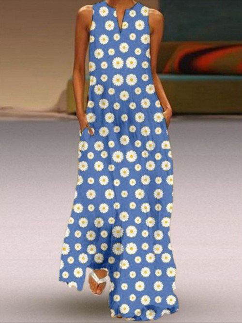 Daisy Print Casual Sleeveless Maxi Weaving Dress
