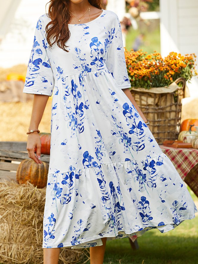 Crew Neck Casual Regular Sleeve Floral Dress