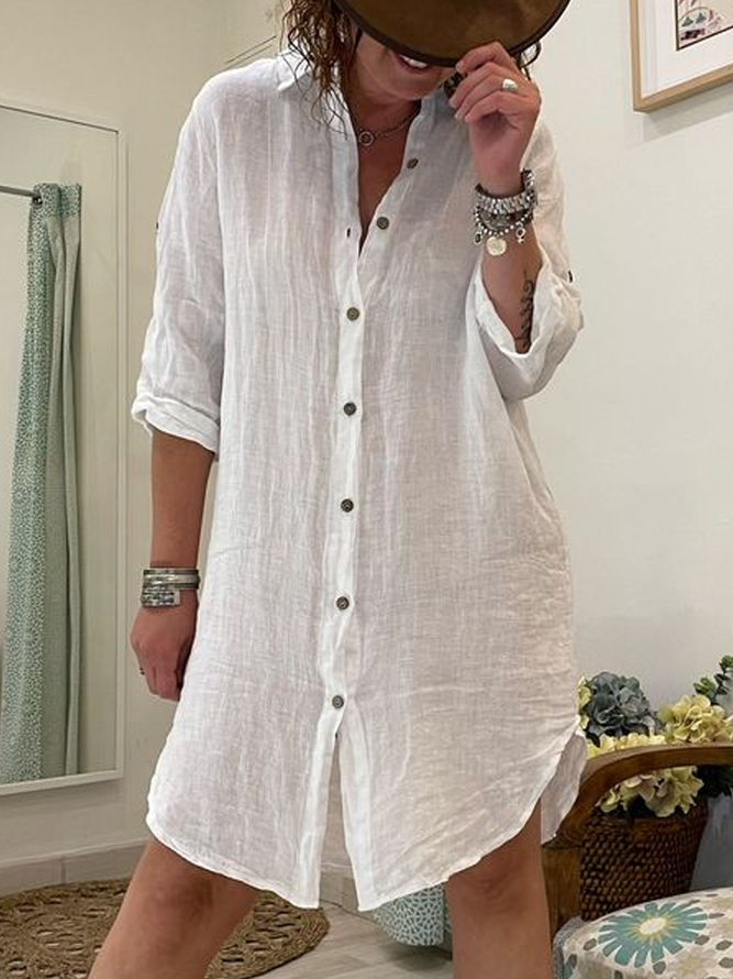 Buttoned Linen Shirt Collar Loose Dress