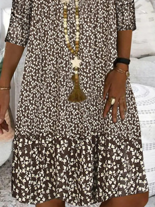 Brown Three Quarter V Neck Floral Shining Midi Smock Dress