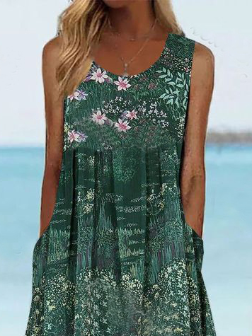 Vacation Floral Loose Crew Neck Dress