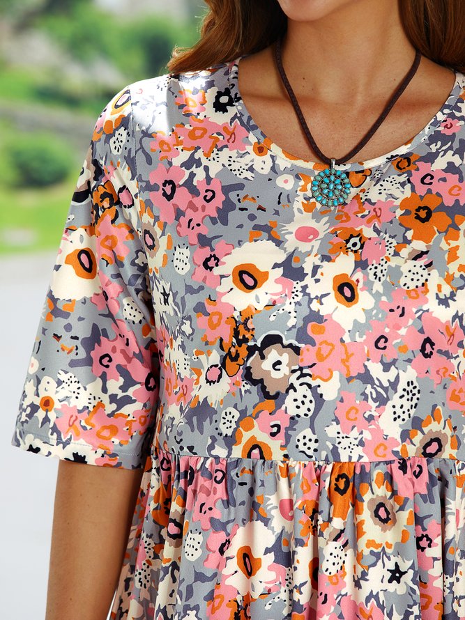 Loosen Casual Floral Short Sleeve Woven Dress