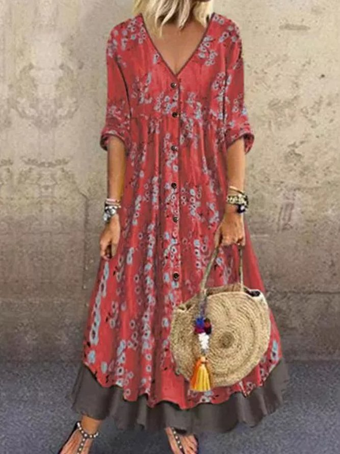 Shift Casual 3/4 Sleeve V Neck Dress