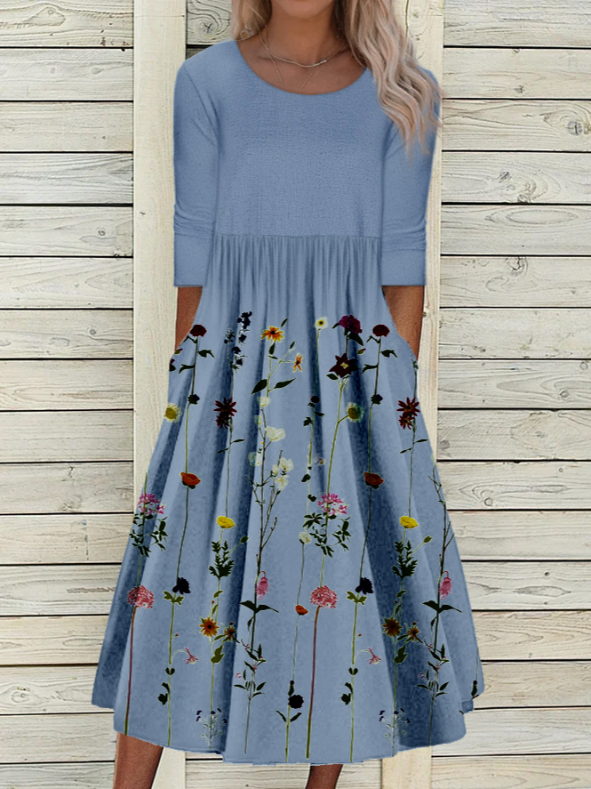 Round Neck Floral Casual Midi Dresses
