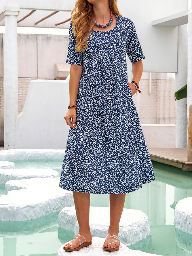 Ditsy Floral Printed Crew Neck Pockets Short Sleeve Casual Midi Shirt Dress