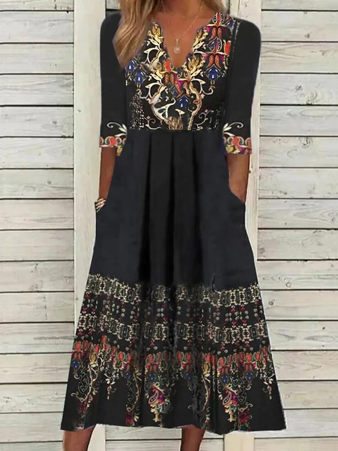 V Neck Geometric Autumn Daily A-Line Ethnic Tribal Boho Dress
