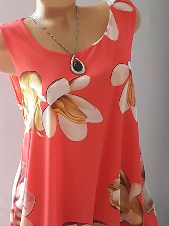 Floral-Print Crew Neck Cotton-Blend Sleeveless Weaving Dress