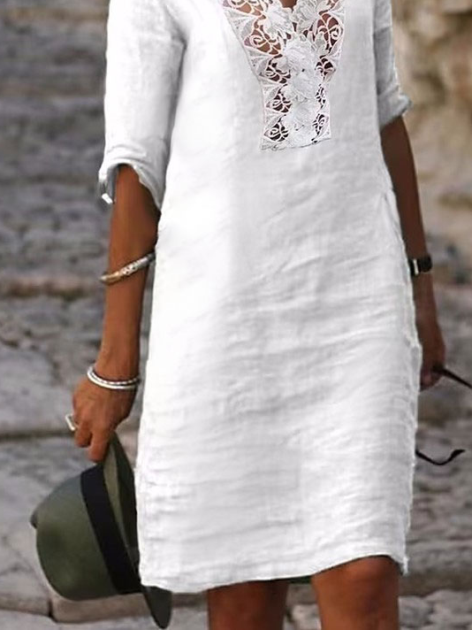 Loose Plain V Neck Linen Summer Dress