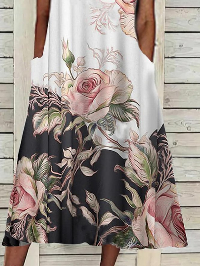 Women's Rose Print Elegant Floral Loose Maxi Summer Dress