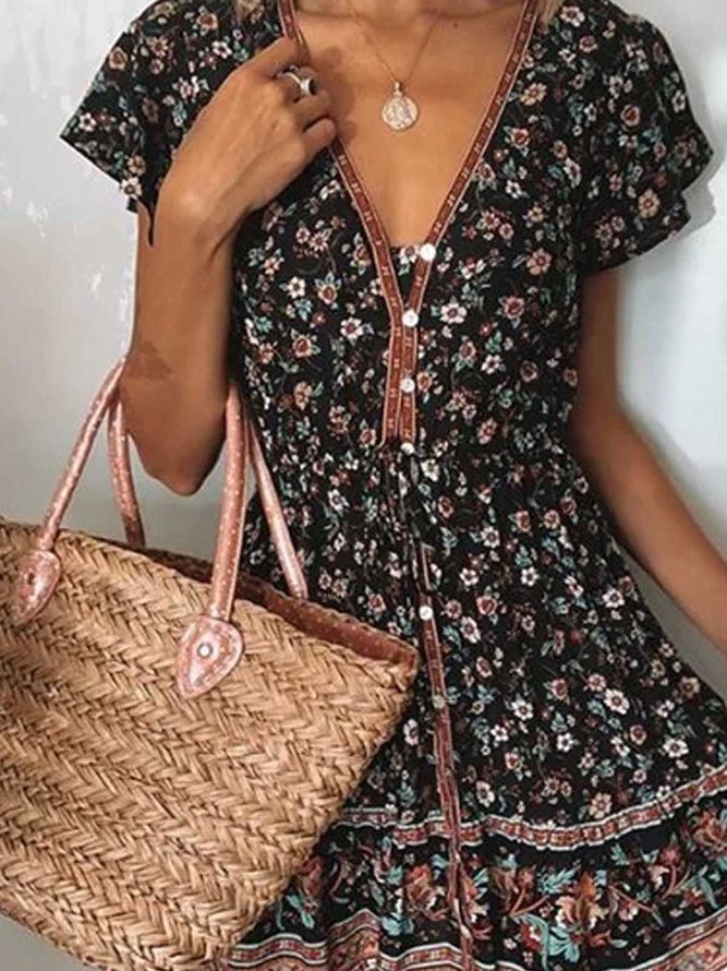 V Neck Casual Floral Weaving Dress