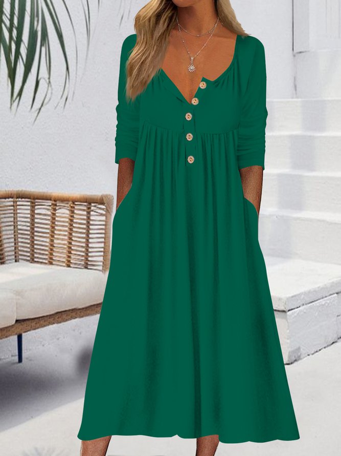 Plain Simple Autumn Buttoned Natural Midi Half Open Collar Dress