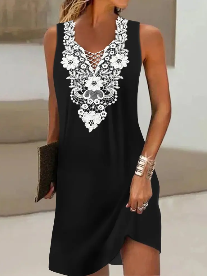 V Neck Elegant Contrast Lace Sleeveless Casual Occasion Mini Prom Dress