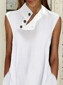 Linen Half Open Collar Buttoned Plain Dress