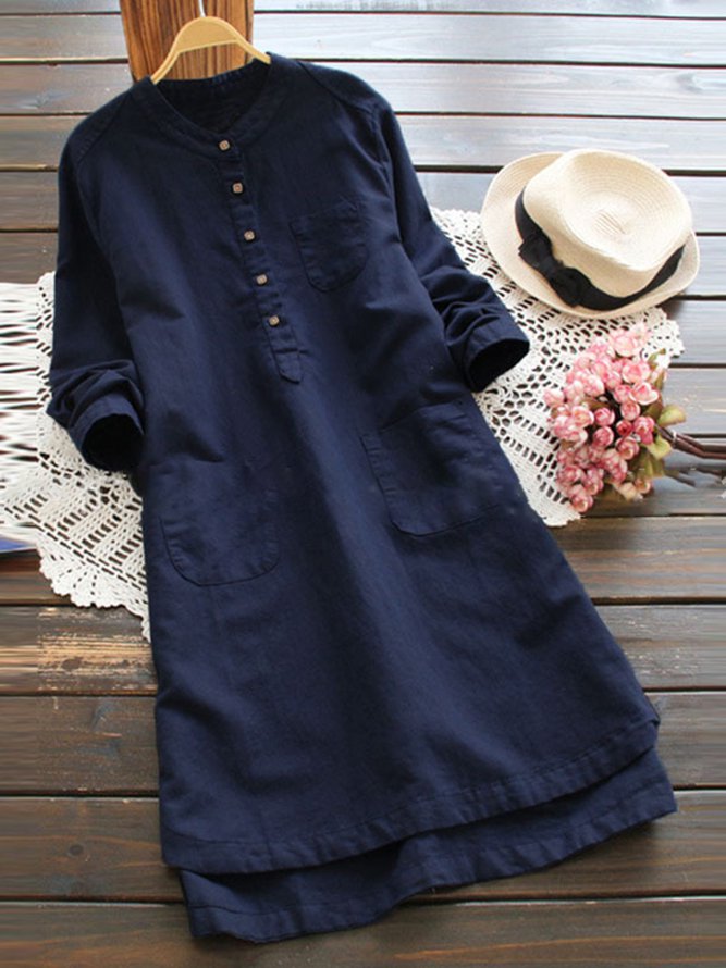 Shift Women Daytime Linen Long Sleeve Casual Buttoned Casual Dress