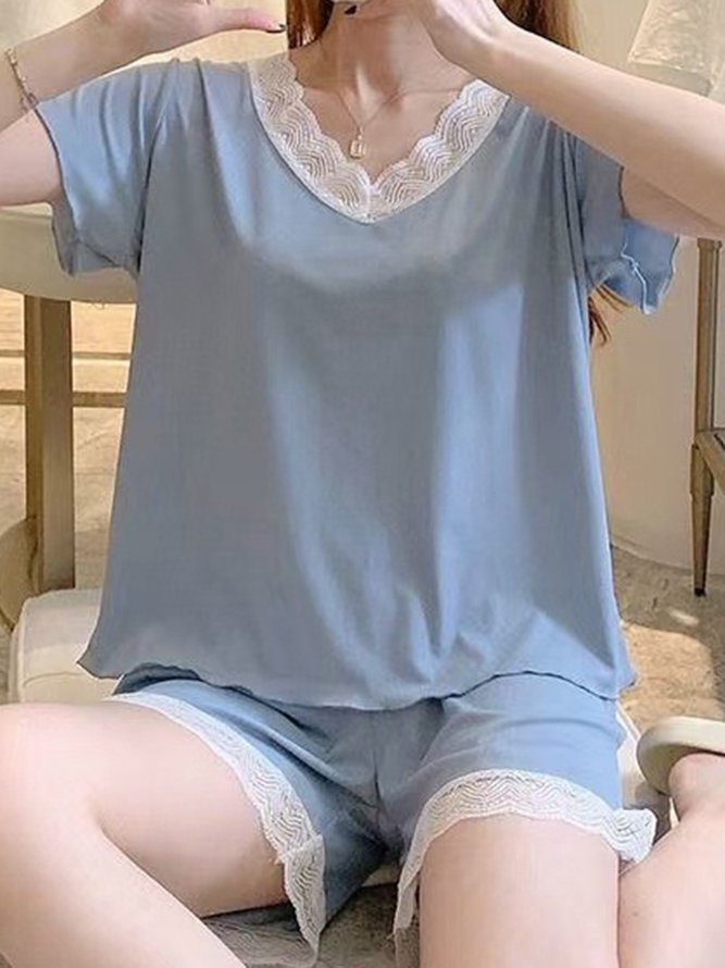 Lace Panel Loose Short Sleeve Shorts Pajama Set