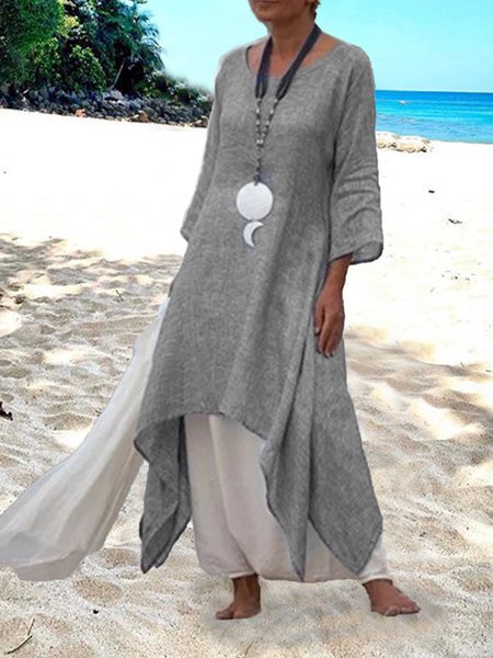 Women Summer Linen 3/4 Sleeve Daytime Crew Neck Asymmetric Dress