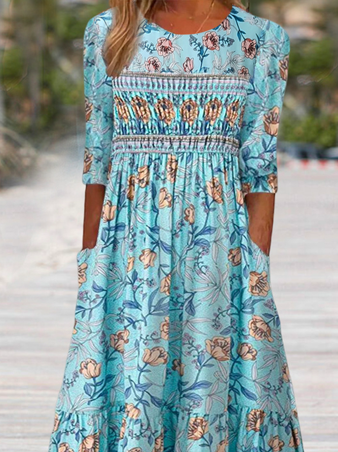 Loose Vacation Crew Neck Floral Women's Half Sleeve Scoop Neck Graphic Floral Printed Midi Dress