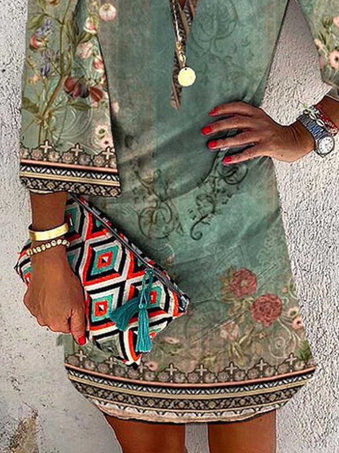 Floral Boho V Neck Loose Dress