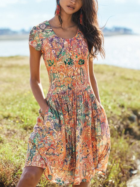 Round Neck Floral Boho Vacation Mini Dress