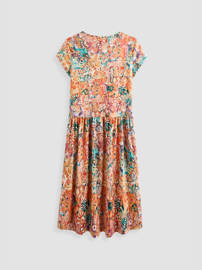 Round Neck Floral Boho Vacation Mini Dress