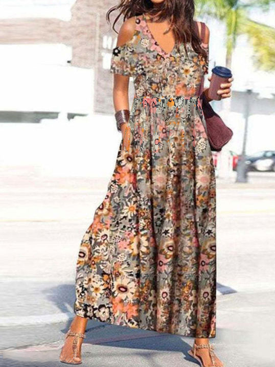 V Neck Floral Casual Midi Dresses