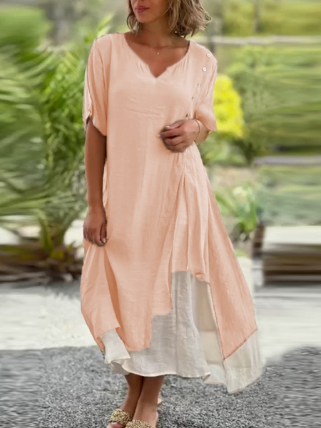 V Neck Plain Linen Dress