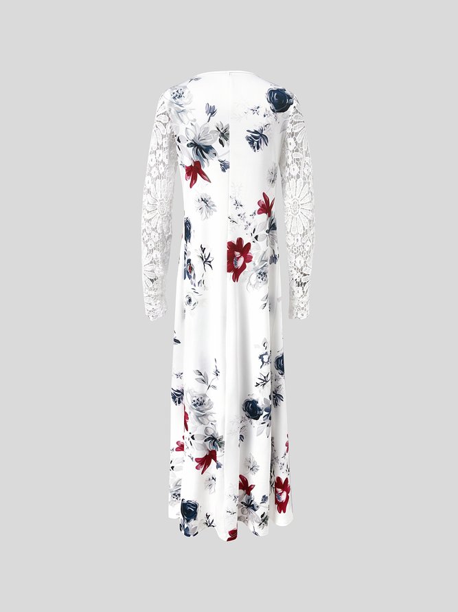 V Neck Floral Lace Sleeve Casual Loose Dress