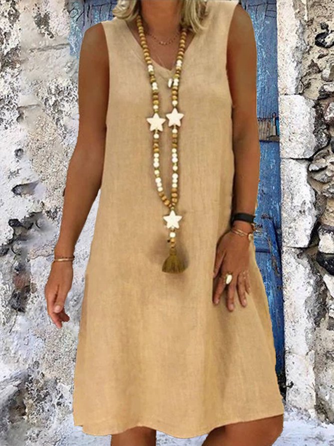 Casual Plain V-neck Sleeveless Dress
