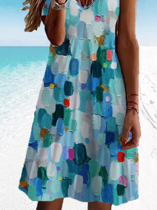 Women's V Neck Blue Stereoscopic 3D Brush print Dress