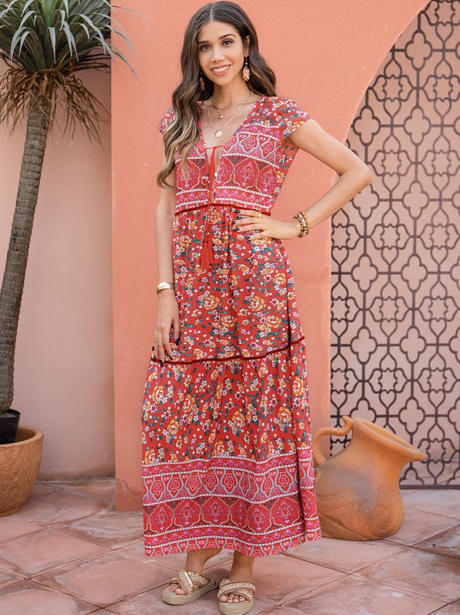 Ditsy Floral V Neck Boho Floral-Print Weaving Dress