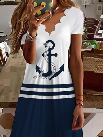 Casual Anchor Sea Loose V Neck Dress