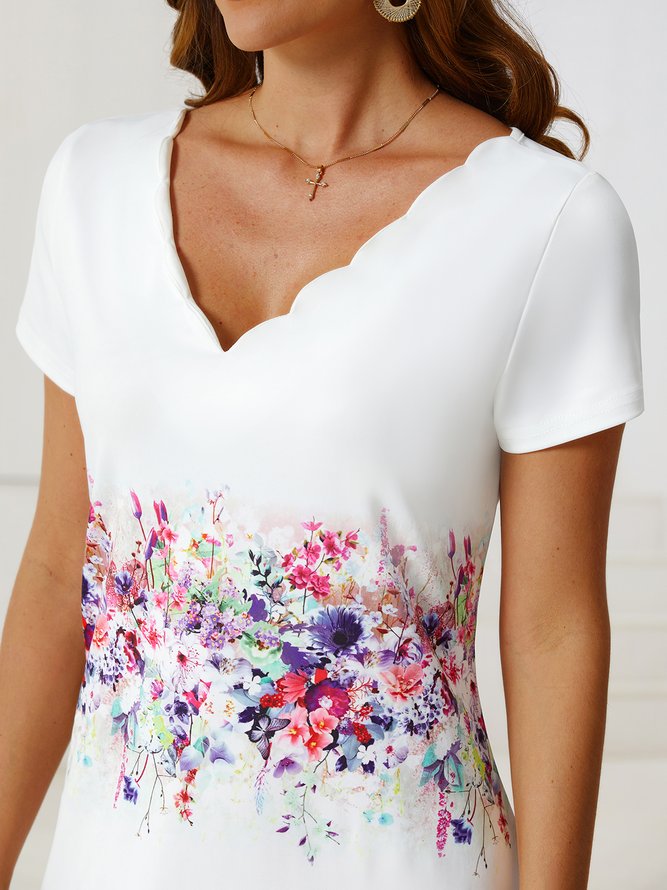 Vacation Floral V Neck Regular Fit Short Sleeve Knit Dress