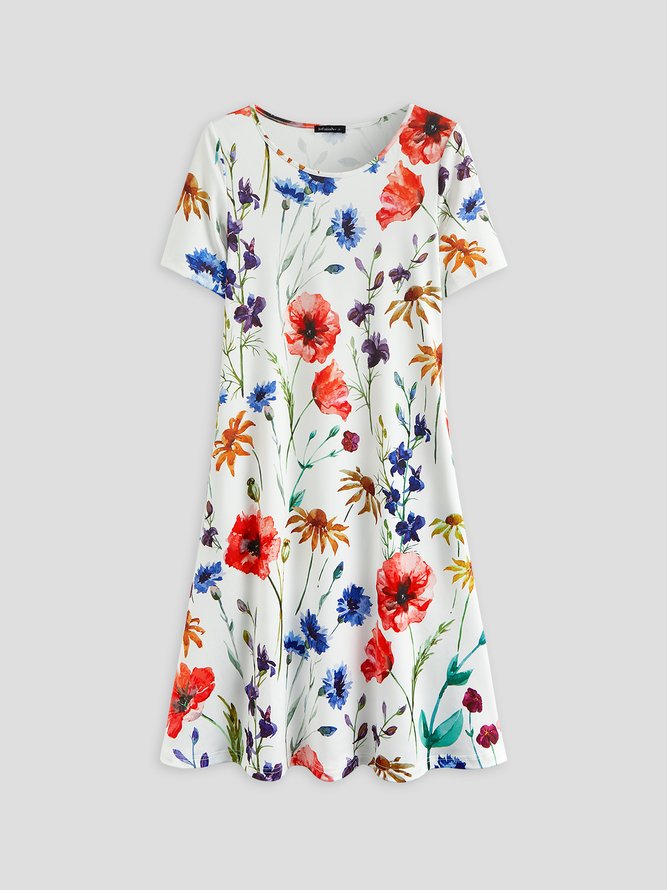 Tropical Floral Print Vacation Beach Midi Hawaiian Dress Regular Fit Round Neck Knee-length dress